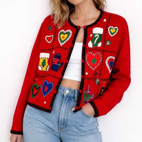 Vintage Sweaters - Vintage 80s Segue Christmas Cardigan Sweater Large Holiday Appliqué Knit Cottage